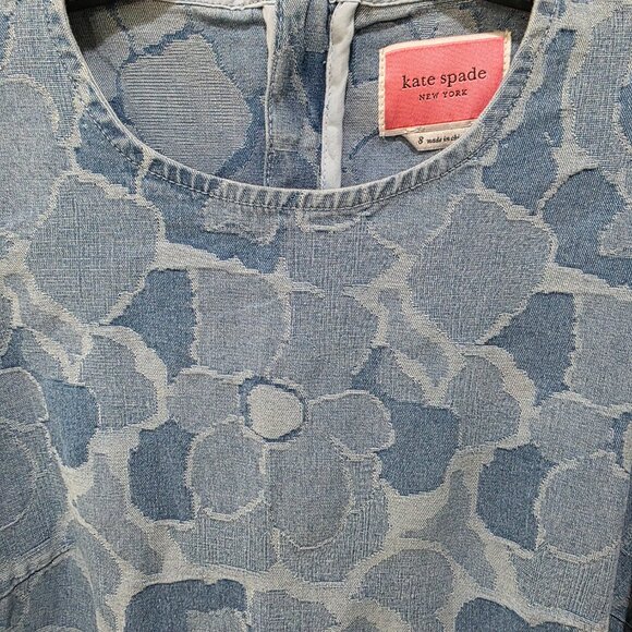 Kate Spade Womens Denim Puff Sleeve Floral Jacquard Dress Size 8 Blue Shift - Picture 2 of 12